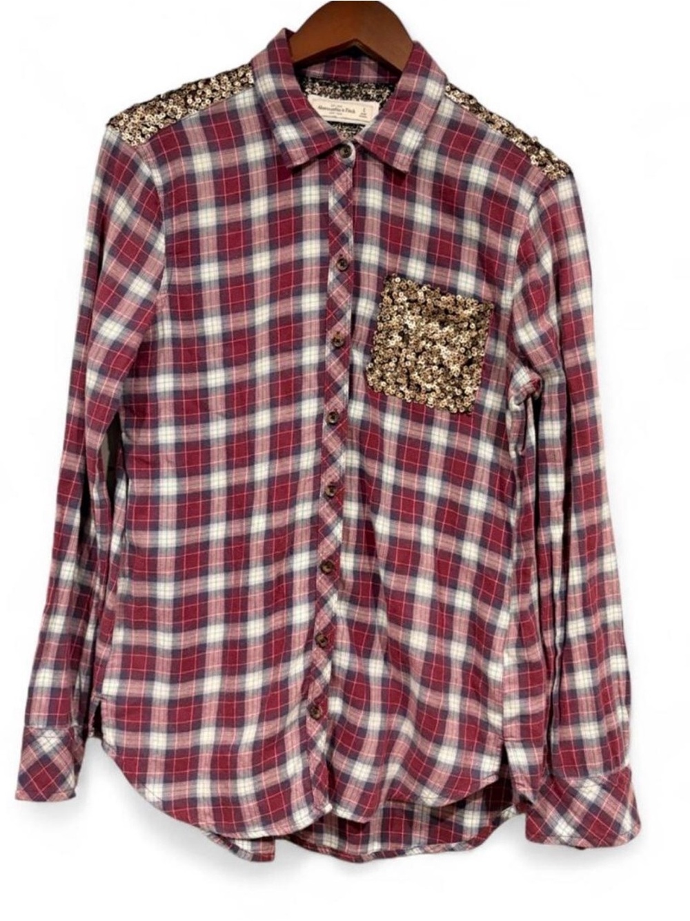Abercrombie & Fitch Y2K Red Plaid Flannel With Gold Sequin Accents | Small